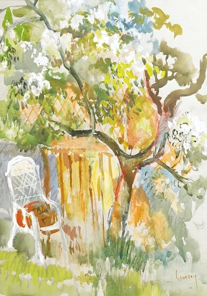 20th century, garden scene, indistinctly signed, watercolour heightened with white, 51 x 38cm
